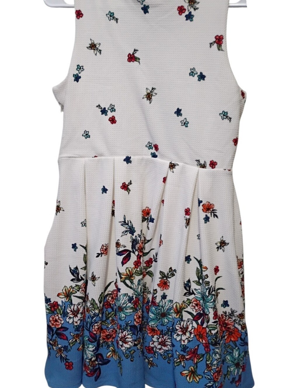 White Sleeveless Fit-and-Flare Dress with Blue Floral Border